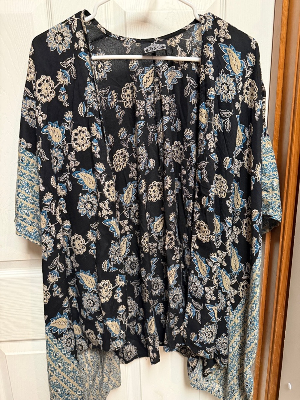 Angie Black Floral Kimono with Blue and Cream Accents
